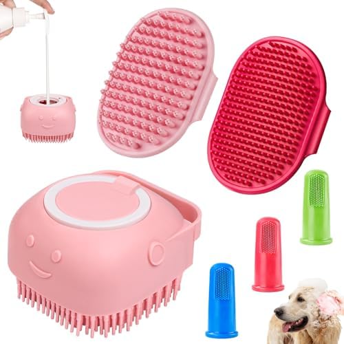 Comotech 6PCS Dog Bath Brush & Dog Toothbrush | Adjustable Handle Shampoo Brush & Scrubber for Short & Long Haired Dogs & Cats | Effectively Solve Odor & Stain Removal Problems (Pink Red Pink) by Comotech