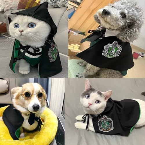 ANIAC 3PCS Halloween Dog Costume Cat Wizard Cape Glasses and Necktie Set Halloween Puppy Outfit Pet Academy Magician Cosplay Apparel for Kitten Cat Small Dogs (Black+Green, Large) - Image 6