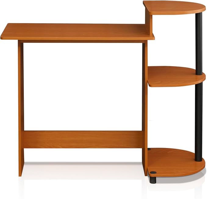 Furinno Compact Computer Desk with Shelves, Round Side, Light Cherry/Black - Image 6