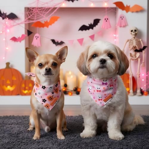PTDECOR Pink Halloween Dog Bandanas, Pumpkin Bow Ghost Pet Scarf, Small - Image 2