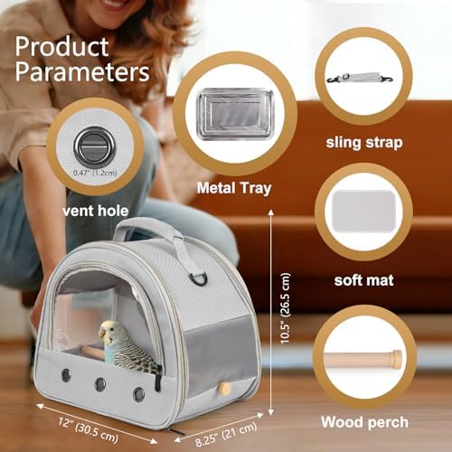 Bird Carrier, Portable Small Bird Parrot Parakeet Carrier with Standing Perch and Stainless Steel Tray, Side Access Window Collapsible (Grey, Horizontal Perch) - Image 2
