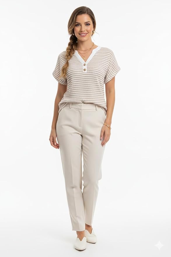 Womens Henley Summer Tops V Neck Button Dressy Casual T Shirts Blouses | Breathable, V-Neck Button, Striped, Loose Fit, Business Casual, Office, Vacation, Spring Summer Tops, Basic Shirts - Image 3