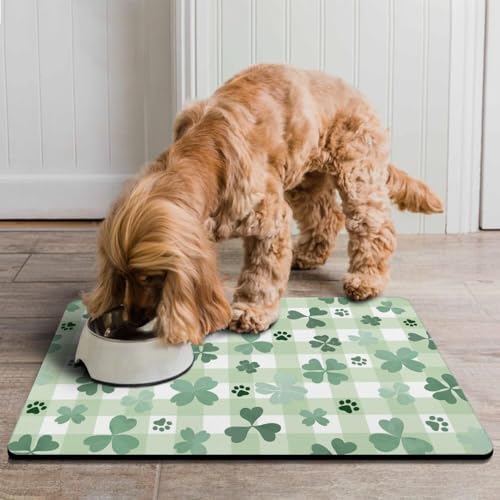 St Patricks Day Dog Food & Water Mat, Green Shamrocks Paw Prints Clover Pet Feeding Mat for Floor Non-Slip Waterproof, Super Absorbent Cat Bowl Mat, Easy to Clean Pet Placemat,16" × 24" - Image 2