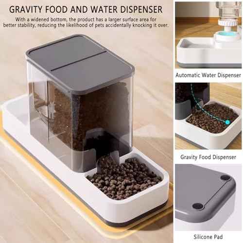 kathson Gravity Cat Food and Water Dispenser Automatic Dog Feeder Waterer 2 in 1 Auto Pet Food and Water Bowl Set Self Feeding for Puppy Kitten，Grey - Image 4