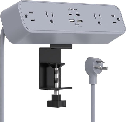 Mifaso PD30W Desk Clamp Power Strip, Surge Protector, Fast Charging Station | 4 Outlets, 4 USB (2 USBC), 5FT Extension Cord, Desk Organizer Gaming Accessories Home Office Essentials, Fits 1.96" Edge,Gray by Mifaso