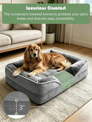 Spotted Play Orthopedic Dog Bed with Sides - Dog Sofa Beds for Large Dogs, Supportive Foam Pet Couch Bed with Washable Removable Cover, Waterproof Lining and Non-Slip Bottom, Grey - L - Image 3