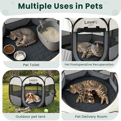 Love's cabin Dog Playpen with Washable Pee Pad, Puppy Pet Cat Playpen Small Dogs Tent Crate Indoor/Outdoor, Portable Pop Up Kennel with Carrying Case for Cats/Rabbits(Grey,Small with pad) - Image 5