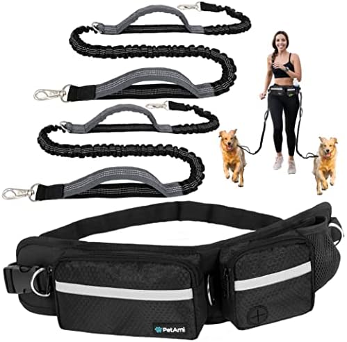 PetAmi Hands Free Dog Leash with Waist Running Belt Bag, Double (Black) by PetAmi