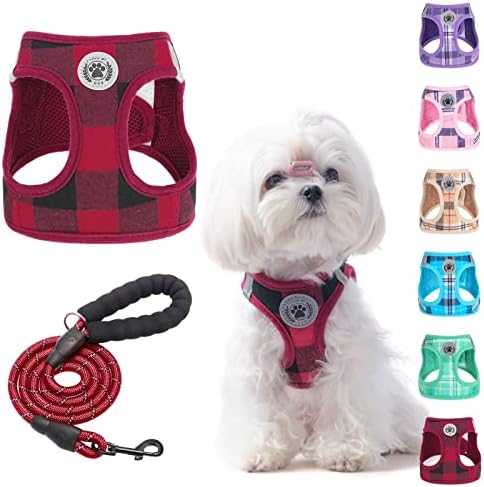 BEAUTYZOO Small Dog Harness and Leash Set,Step in No Choke No Pull Soft Mesh Dog Harnesses Reflective for Extra-Small Medium Puppy Dogs and Cats, Plaid Dog Vest Harness for XS S Pets, Red, XS by BEAUTYZOO