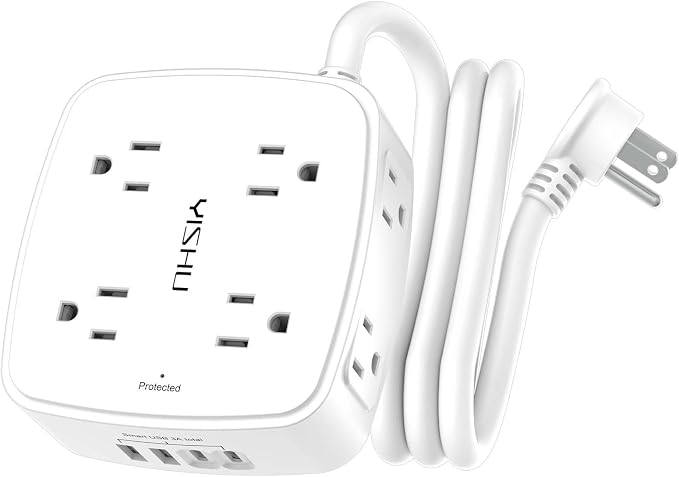 5Ft Surge Protector Power Strip - 8 Widely Outlets with 4 USB Ports, 3 Side Outlet Extender with 5 Feet Extension Cord, Flat Plug, Wall Mount, Desk USB Charging Station, ETL,White by YISHU