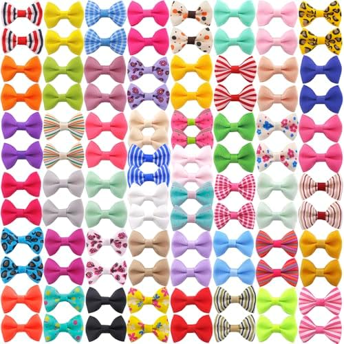 QingHan Dog Hair Bows Small Puppy Bowknot Clips for Pet Grooming Accessories Doggy Gifts 100Pcs (50 Pairs) by QingHan
