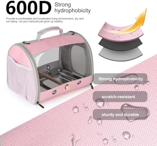 Bird Carrier, Portable Small Bird Parrot Parakeet Carrier with Standing Perch and Stainless Steel Tray, Side Access Window Collapsible (Pink, Cylinder Design - Clear) - Image 3