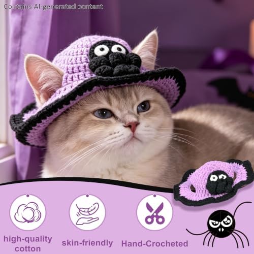 Spider Cat Hat, Cotton & Soft Cute Knitted Hats for Cats Birthday Party Halloween Christmas Spring Puppy Hat for Small Pets (Purple,M) - Image 2