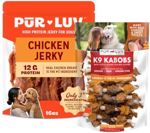 Pur Luv Pur Luv Dog Jerky Treats, 16oz + Chicken, Duck, and Sweet Potato Kabob Treats, 12oz, Healthy, Easily Digestible, Long-Lasting, High Protein Dog Treats, Satisfies Dog's Urge to Chew by PurLuv