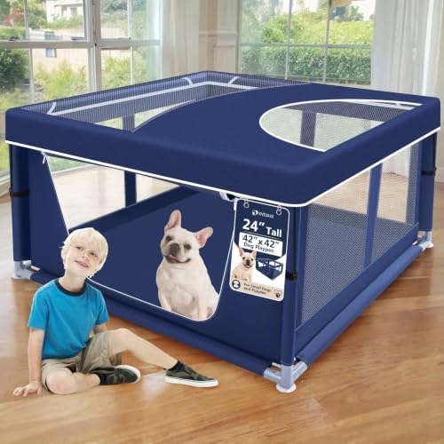 XVISHX 42x42 Inch Puppy Playpen with Cover, Dog Playpen for Puppies or Small Dogs, Pet Fence for Indoor & Outdoor, Sturdy Safety DogPen with Thickened Fabric, High-Strength Nylon Wire Mesh, Blue by XVISHX