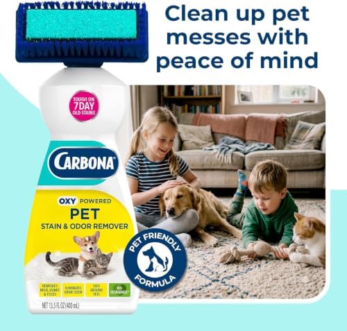 Carbona Oxy-Powered Pet Stain & Odor Remover, 2-in-1 Foaming Carpet Cleaner with Built-In Brush, Targets Urine, Vomit, Mud Messes from Dogs, Cats, 13.5 Oz (Pack of 3) - Image 6