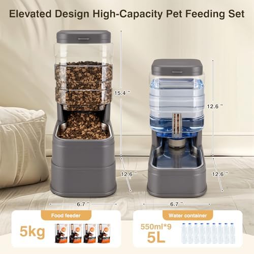 Pawzone 2 Pack Automatic Cat Feeder and Water Dispenser 1.3 Gallon Dog Gravity Food Feeder and Water with Ice Pack Stainless Steel Dry Food and Water Bowl for Small Medium Large Pets (Grey) - Image 2