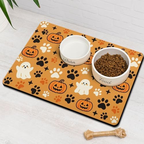 Halloween Dog Food & Water Mat, Orange Pumpkin Ghost Paw Prints Pet Feeding Mat for Floor Non-Slip Waterproof, Super Absorbent Cat Bowl Mat, Easy to Clean Pet Placemat,16" × 24" by Stunnoosy