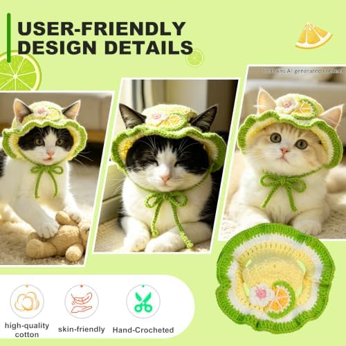 Pomelo Cat Hat, Cotton & Soft Cute Knitted Hats for Cats Birthday Party Spring Christmas Puppy Hat for Small Pets (Green,M) - Image 6