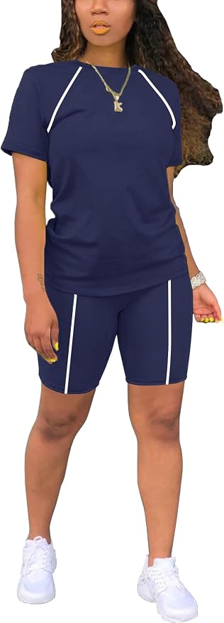STOLKISS Women 2 piece Short Sets Classic Striped Outfits Summer Casual Short Sleeve T-Shirt and Short Jogger Tracksuits Sets by STOLKISSWOMENSCLOTHES