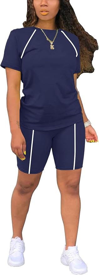 STOLKISS Women 2 piece Short Sets Classic Striped Outfits Summer Casual Short Sleeve T-Shirt and Short Jogger Tracksuits Sets by STOLKISSWOMENSCLOTHES