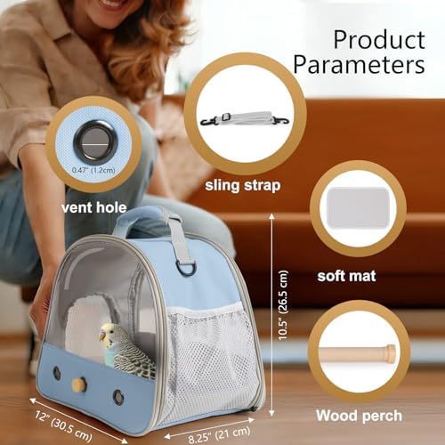 Bird Carrier, Portable Small Bird Parrot Parakeet Carrier with Standing Perch and Soft Mat, Side Access Window Collapsible (Blue, Clear Windows) - Image 2