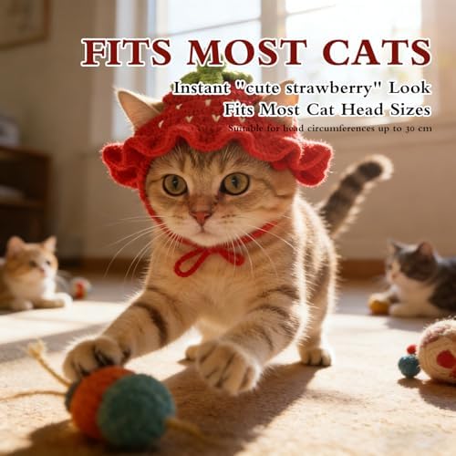 Strawberry Cat Hat, Cotton & Soft Cute Knitted Hats for Cats Birthday Party Christmas Puppy Hat for Small Pets (Red, M) - Image 3