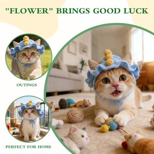 Dinosaur Cat Hat, Cotton & Soft Cute Knitted Hats for Cats Birthday Party Spring Christmas Puppy Hat for Small Pets (Blue,M) - Image 2