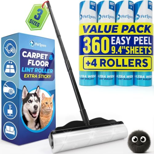 PetLovers Large Lint Roller with 3 Refills – 360 Total Sheets for Tackling Pet Hair, Extra Large Floor and Carpet Roller for Homes with Pets, Perfect for Floors, Furniture, and Loving Pet Owners by PetLovers