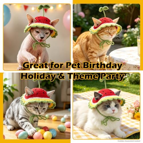 Watermelon Cat Hat, Cotton & Soft Cute Knitted Hats for Cats Birthday Party Christmas Puppy Hat for Small Pets (Green,M) - Image 4