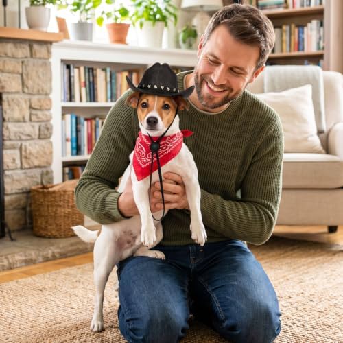 Pet Cowboy Costume, Dog Cowboy Hat with Bandana Scarf, Adjustable Cat Cowboy Hat for Party Cosplay Christmas, Halloween Cowboy Costumes for Small Pet Dogs Cats (Black, Medium) - Image 4