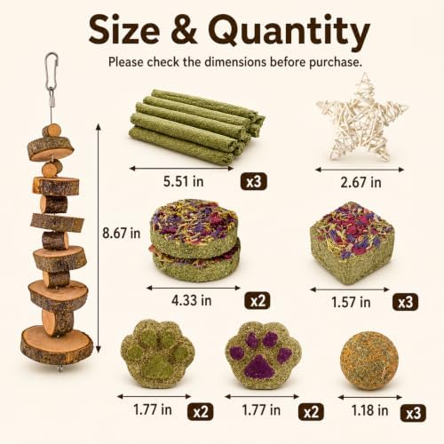 Grddaef Rabbit Toys, Guinea Pig Toys 17Pcs Natural Timothy Hay Bunny Chews and Treats for Hamster Chinchilla Gerbil - Image 6