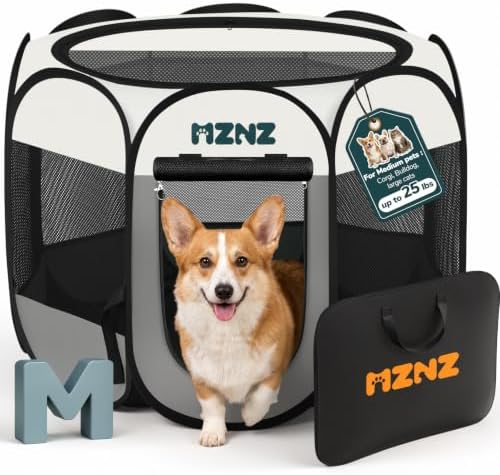 Pet Puppy Dog Cat Playpen, Large Dog Tent Crates Cage Indoor/Outdoor, Portable Playpen for Small Animal, Foldable Pop Up Dog Kennel Playpen with Carring Case, Removable Zipper Top, Light Grey by MZNZ