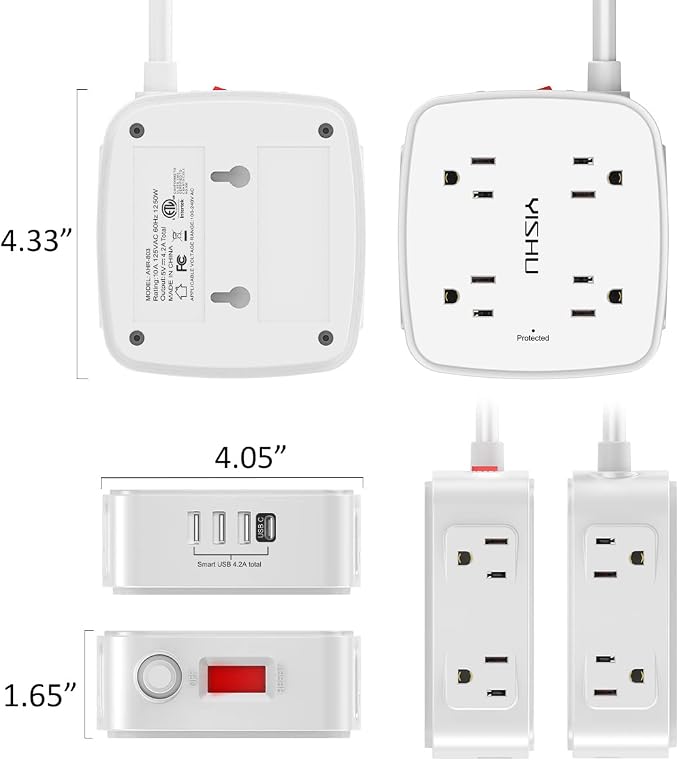 15 Ft Surge Protector Power Strip - 8 Widely Outlets with 4 USB Ports, 3 Side Outlet Extender with 15 Feet Extension Cord, Flat Plug, Wall Mount, Desk USB Charging Station, ETL, White - Image 7