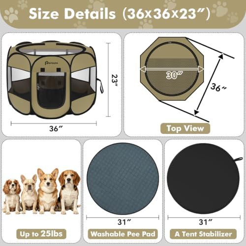 Persure Dog Cat Playpen Tent Crate Cage with Washable Pee Pad(Khaki,Medium) - Image 6