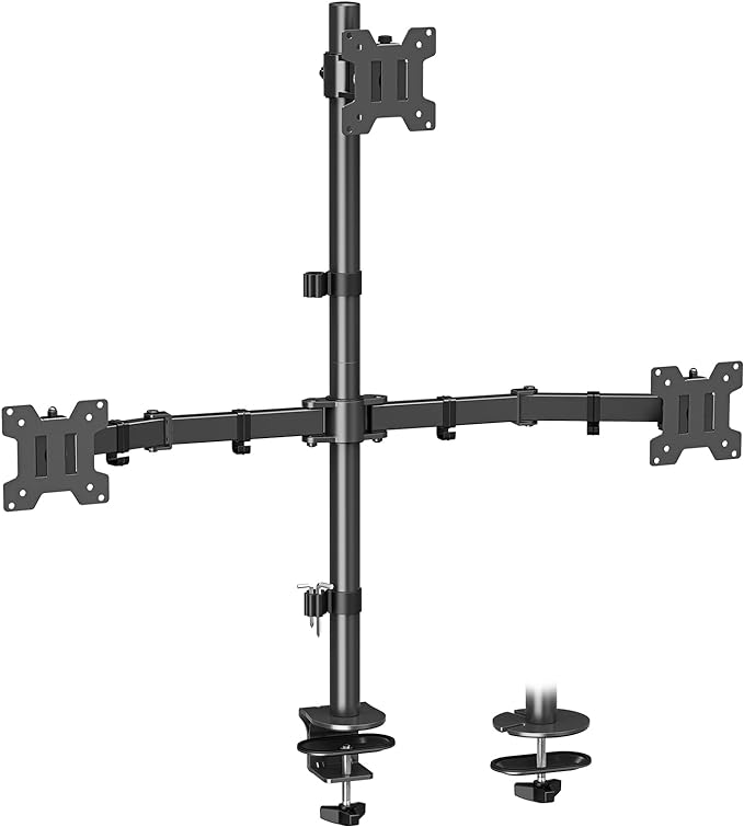 MOUNT PRO Triple Monitor Mount, Monitor Desk Mount for 3 Screens up to 32 inch, 17.6 lbs Each, Fully Adjustable Stacked Computer Stand, Table VESA Mounting, C clamp/Grommet Base by MOUNTPRO