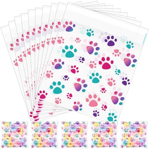 Pasimy 200 Pcs Dog Paw Treat Bags, Clear Self Adhesive Light Blue by Pasimy
