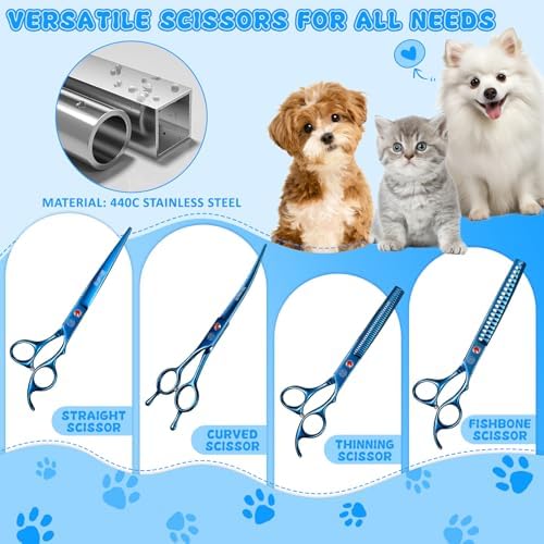 Professional Dog Grooming Scissors Set, 7 Inch/8 Inch Pet Grooming Scissors Chunkers Shears for Dog, Curved Dog Grooming Scissors, Thinning Shears for Dog with Grooming Comb - Image 3