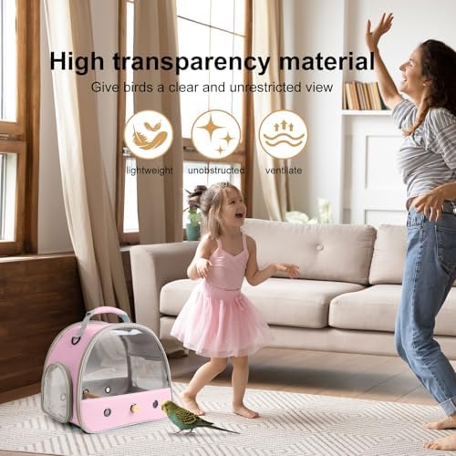 Bird Carrier, Portable Small Bird Parrot Parakeet Carrier with Standing Perch and Mat, Side Access Window Collapsible (Pink, Clear Windows) - Image 4