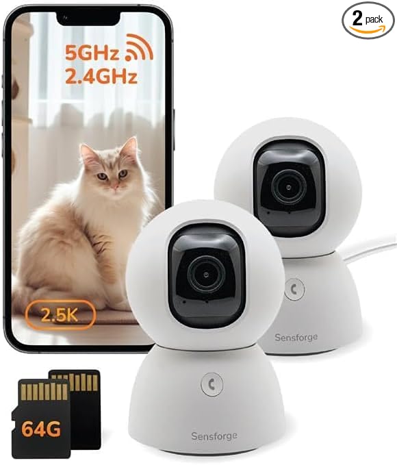 SensForge 2.5K Pan-Tilt Security Camera, 360° Dual-Band WiFi Camera for Home, Free AI Human & Pet Detection, 2-Day Cloud + 64GB SD Storage, Two-Way Talk, Optional AI + Storage Upgrade (2, White) by SensForge