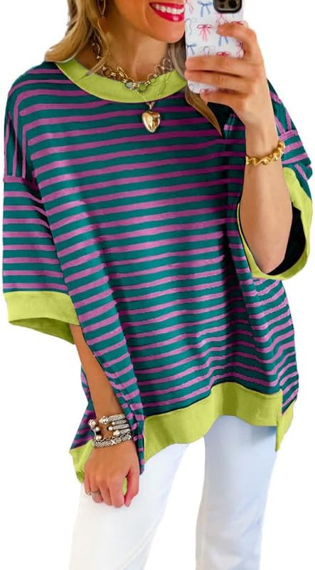 SHEWIN Womens Tops Casual Short Sleeve Sweatshirt Crewneck Striped Shirt Pullover T Shirts Loose Blouses by SHEWINBeYourFashionStylist