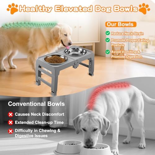 Elevated Dog Bowls for Large Dogs 5 Adjustable Heights 7.5"-15.4", 2 X-Large 10” Stainless Steel Bowls, Heavy Duty Raised Dog Bowl Stand Foldable Pet Feeder for Dogs Shoulder Height Over 15”, Grey - Image 3