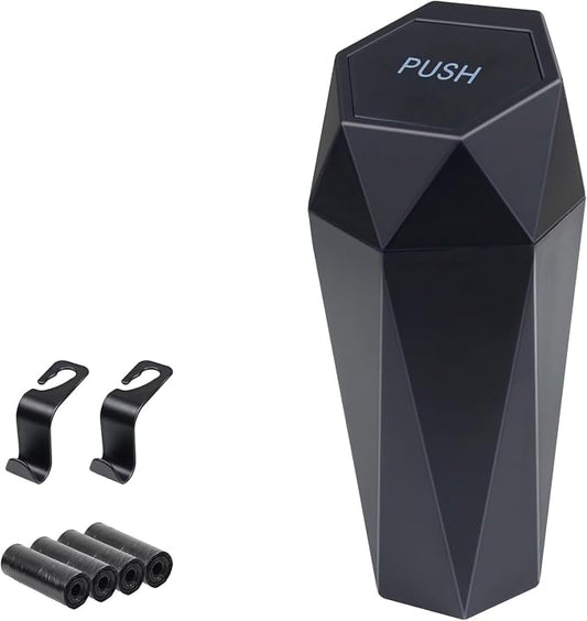 BFXM Car Trash Can, Car Trash Bin with Lid, Car Accessories for Women Interior, Car Garbage Can with Additional 2 ABS Hooks and 60pcs Trash Bags, Suitable for Home, Office, Car Organizer, Black by BFXM