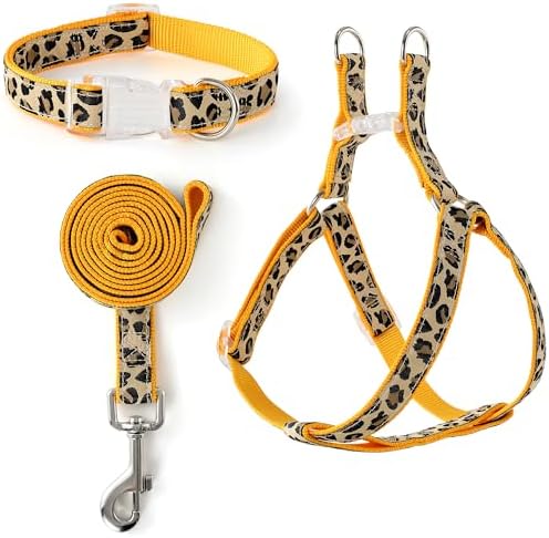 Mile High Life Leopard Dog Harness Collar Leash Set, Adjustable No Pull Dog Halter Harness for Small Breed Dogs, Easy Control for Training Walking (Yellow, M Chest 15"-21", Neck 13"-17") by MileHighLife