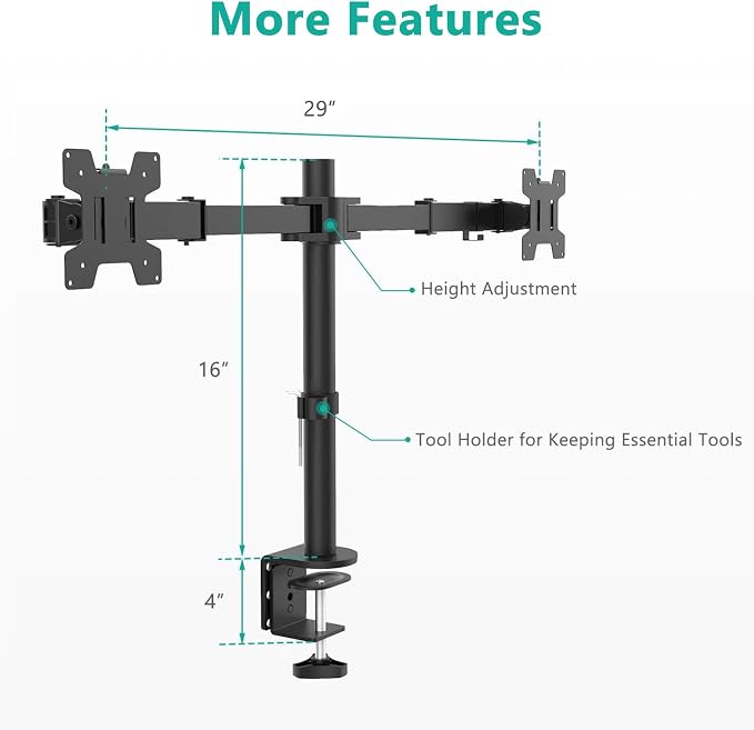 WALI Dual Monitor Stand for Desk, Dual Monitor Mounts for 2 Monitors up to 27 inch, 2 Monitor Desk Mount Holds up to 22 lbs, Height Adjustable Swivel Tilt Rotation, 75x75/100x100mm (M002), Black - Image 9