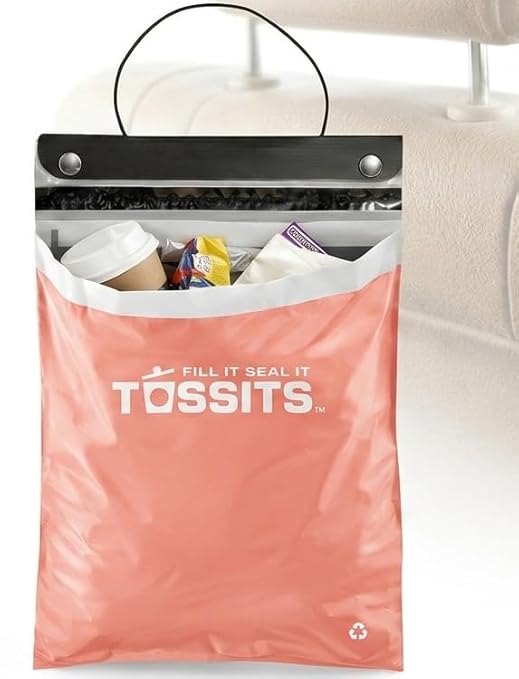 Tossits Disposable Car Trash Bag Hanging (Pink, Set of 7) - Leak-Proof, Smell-Proof Automobile Trash Container, Eco-Friendly, Thick, Large 12x15 Car Trash Bin with Sturdy Header Board | 2 gal, 12 x 15 in, fits over headrest or console, recycled plastic... by Tossits