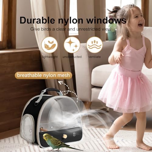 Bird Carrier, Portable Small Bird Parrot Parakeet Carrier with Standing Perch and Soft Mat, Side Access Window Collapsible (Black, Mesh Windows) - Image 5
