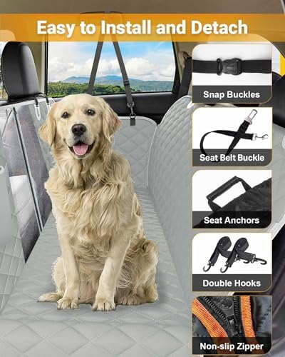 Dog Car Seat Cover, 600D Heavy Dute Car Seat Cover for Dogs Pets, 100% Waterproof Anti-Scratch Nonslip Dog Hammock for Cars, Seat Covers Protector with SeatBelt for Sedan SUV Truck Standard Gray - Image 2
