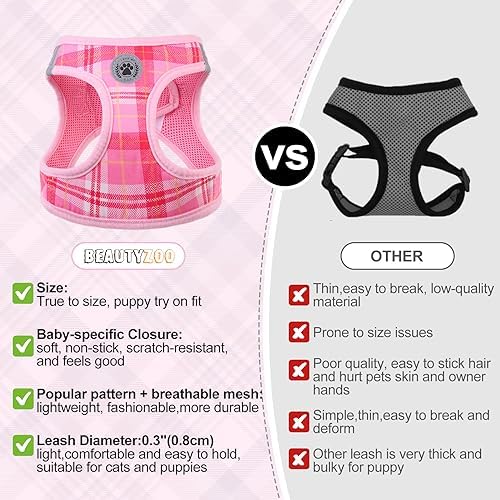 BEAUTYZOO Small Dog Harness and Leash Set, Step in No Choke No Pull Soft Mesh Dog Harnesses Reflective for Small Medium Puppy Dogs and Cats, Plaid Dog Vest Harness for S M Pets, Light Pink XXS - Image 5