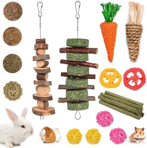 Grddaef 20 PCS Bunny Chew Toys for Teeth, Natural Rabbit Toys Apple Wood Grass Timothy Sticks Chew and Treat for Guinea Pigs Hamster Chinchillas by Grddaef